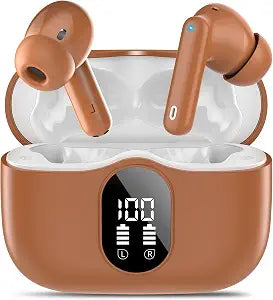 Wireless Earbuds, Bluetooth 5.4 Headphones Bass Stereo/Clear Calls, Brown