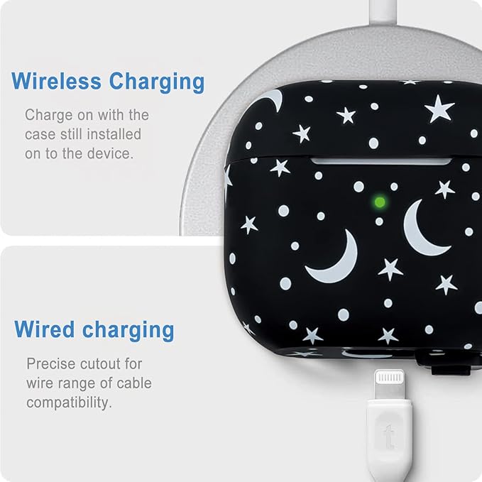 Moon Star Silicone Compatible with AirPods Pro Case 2019, Gawnock Soft Case Cover Flexible for Print Cover for Women Girls with Keychain - Moon/Star