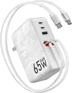 65w Retractable Wall Charger,5-in-1 Fast Charging Block with Dual Cables
