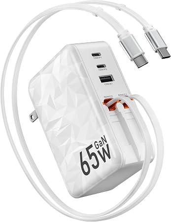65w Retractable Wall Charger,5-in-1 Fast Charging Block with Dual Cables
