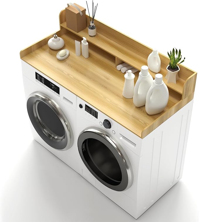 Wooden Laundry Countertop with 2 Tier Shelf, 54" x 27.5" Washer and Dryer Countertop with Topper Organization Waterproof Surface, Universal Fit (Burlywood, 54X27.5IN)