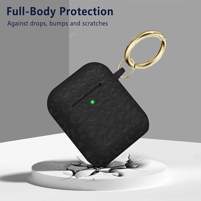 Compatible with Airpods Case Leopard Engraved Skin Cover Compatible with Airpods 2nd/1st Charging Case,Cute Soft Silicone Full Protective, Front LED Visible, Black