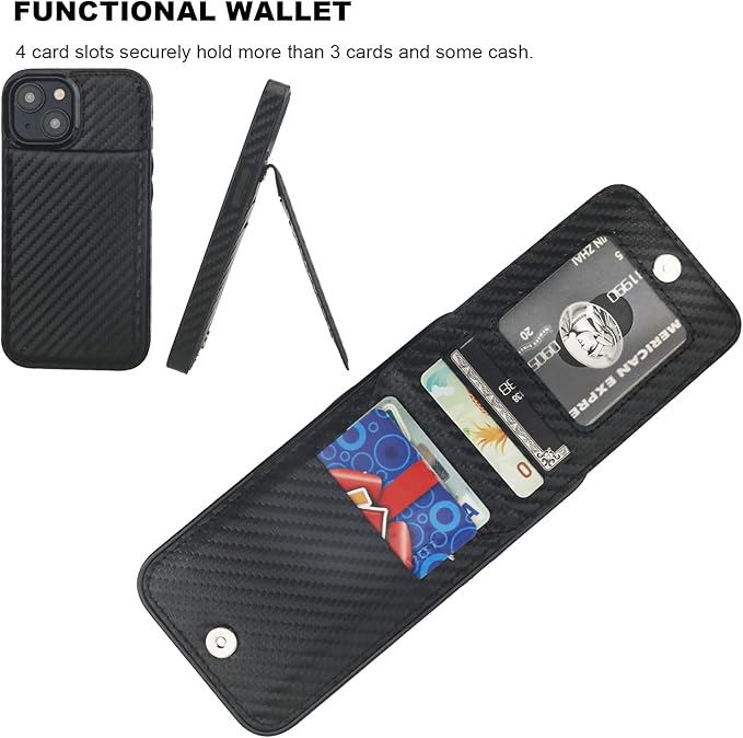 KIHUWEY Compatible with iPhone 15 Case Wallet with Credit Card Holder, Flip Premium Leather Magnetic Clasp Kickstand Heavy Duty Protective Cover for iPhone 15 6.1 Inch (Carbon Black)