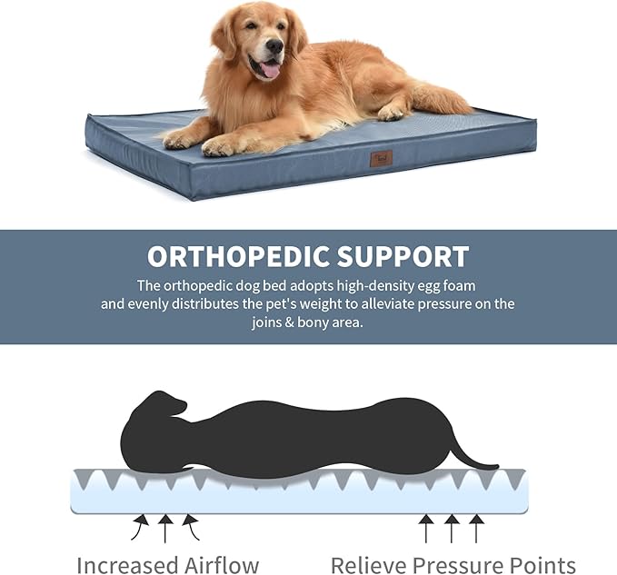 Outdoor Dog Bed for Medium Dogs, Waterproof Dog Crate Mat Orthopedic Egg Crate Foam Pet Bed with Washable Removable Oxford Cover, Blue