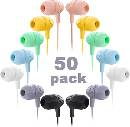 Wholesale Bulk Earbuds Headphones 50 Pack Multi Color for Classroom Kids, Durable Earphones Perfect for K12 Schools Students Teens Kindergarten Children Gift and Adult