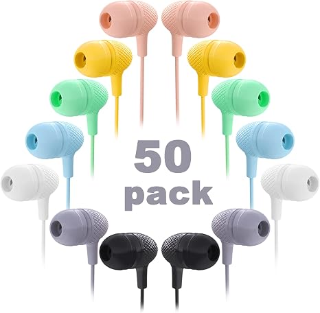 Wholesale Bulk Earbuds Headphones 50 Pack Multi Color for Classroom Kids, Durable Earphones Perfect for K12 Schools Students Teens Kindergarten Children Gift and Adult