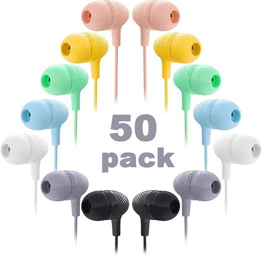 Wholesale Bulk Earbuds Headphones 50 Pack Multi Color for Classroom Kids, Durable Earphones Perfect for K12 Schools Students Teens Kindergarten Children Gift and Adult