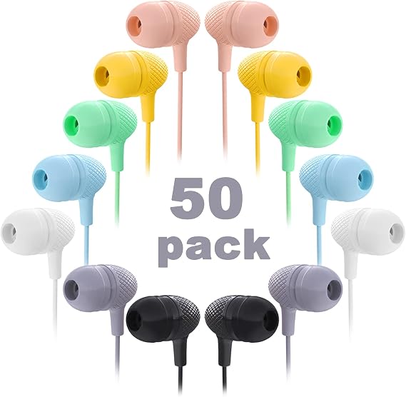 Wholesale Bulk Earbuds Headphones 50 Pack Multi Color for Classroom Kids, Durable Earphones Perfect for K12 Schools Students Teens Kindergarten Children Gift and Adult