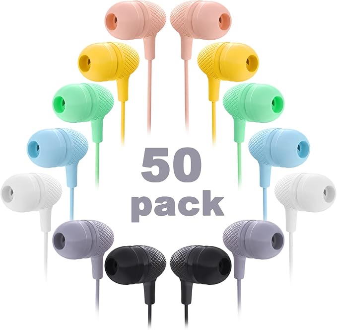 Wholesale Bulk Earbuds Headphones 50 Pack Multi Color for Classroom Kids, Durable Earphones Perfect for K12 Schools Students Teens Kindergarten Children Gift and Adult