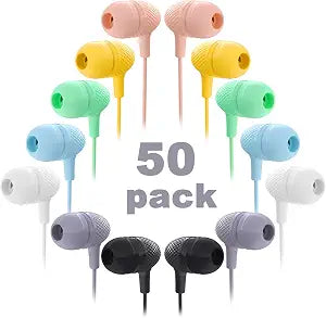 Wholesale Bulk Earbuds Headphones 50 Pack Multi Color for Classroom Kids, Durable Earphones Perfect for K12 Schools Students Teens Kindergarten Children Gift and Adult