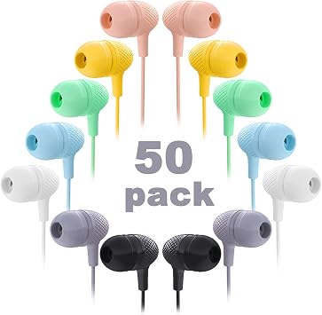 Wholesale Bulk Earbuds Headphones 50 Pack Multi Color for Classroom Kids, Durable Earphones Perfect for K12 Schools Students Teens Kindergarten Children Gift and Adult