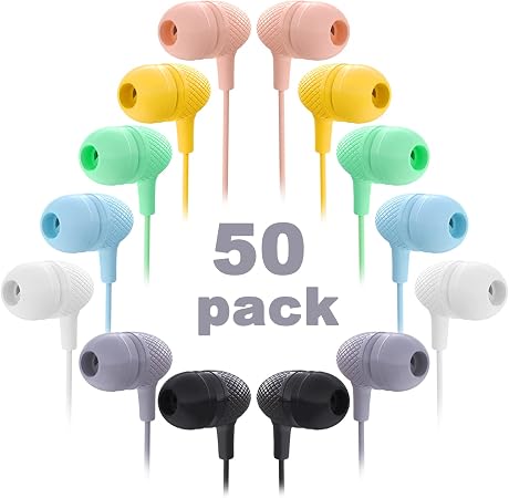 Wholesale Bulk Earbuds Headphones 50 Pack Multi Color for Classroom Kids, Durable Earphones Perfect for K12 Schools Students Teens Kindergarten Children Gift and Adult