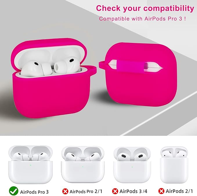 Compatible with AirPods Pro 3 Case Cover 2025, Silicone Protective Cover with Bracelet Keychain for Apple AirPods Pro 3rd Generation Wireless Earbuds (Hot Pink)