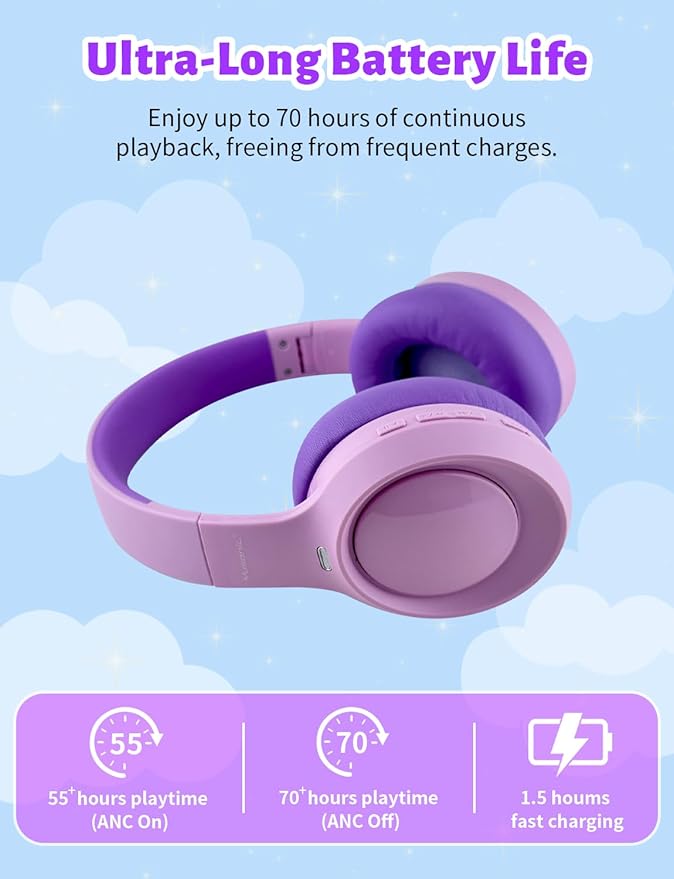 Active Noise Cancelling Headphones for Girls, 70H Play Time, Safe Volume 94dB, Bluetooth 6.0, Hybird ANC Kids Headphones Wireless for School/Travel/Airplane(Purple Pink)