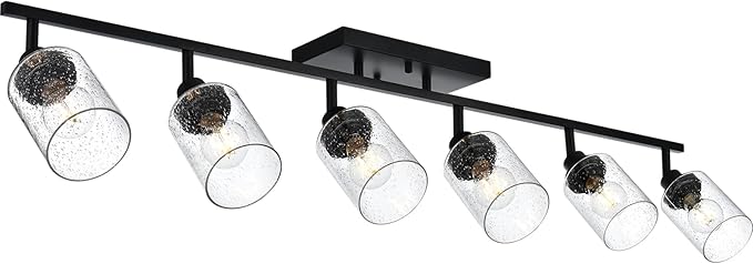 6-Light Black Track Lighting Kit Ceiling Mount Kitchen Track Lighting Fixtures, Bathroom Ceiling Tracking Vanity Light with Bubble Seeded Glass Shade & Rotatable Tracking Heads for Accent Shop