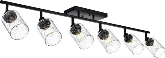 6-Light Black Track Lighting Kit Ceiling Mount Kitchen Track Lighting Fixtures, Bathroom Ceiling Tracking Vanity Light with Bubble Seeded Glass Shade & Rotatable Tracking Heads for Accent Shop