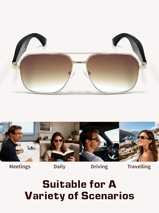 Bluetooth Sunglasses for Men, AI Smart Glasses with Open-Ear Speakers for Music & Calls, Blue Light Blocking UV400 Lenses Lightweight Translation Glasses for Driving, Travel & Work