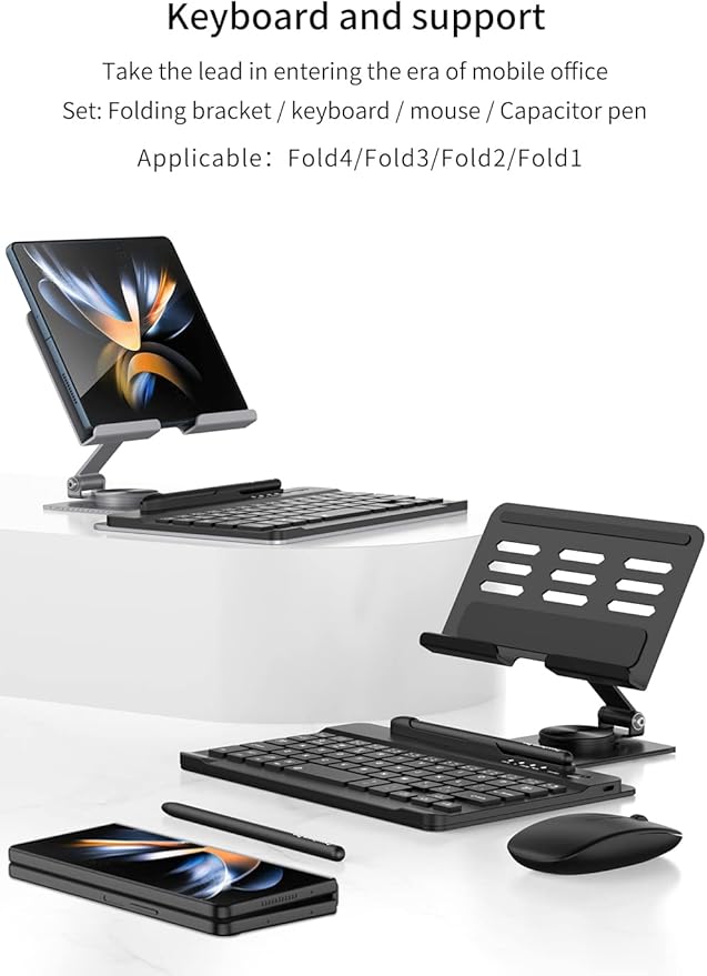 SHIEID Galaxy Z Fold 7 360° Rotating POS Tablet Stand, Zip Pull-Out, Integrated Folding Design Set with Folding Bracket, Keyboard, Mouse, Capacitor Pen?“Compatible with Galaxy Z Fold7//6/5/4/3, Silver