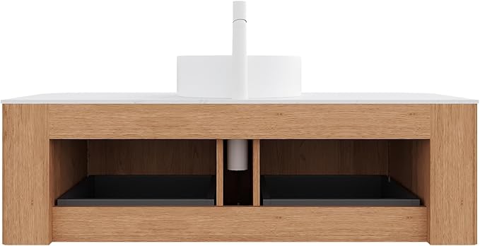 KEIKI 48" Bathroom Vanity with Sink, Wall-Mounted Floating Vanity with Curved Edges & 3D Striped Drawer Fronts, White Round Ceramic Basin, Pre-Assembled Storage Cabinet, Natural Wood