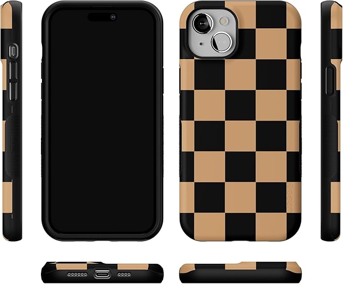 Casely iPhone 15 Plus Case | Fit Check | Black & Brown Checkerboard | Bold Protective Design | MagSafe Compatible Design