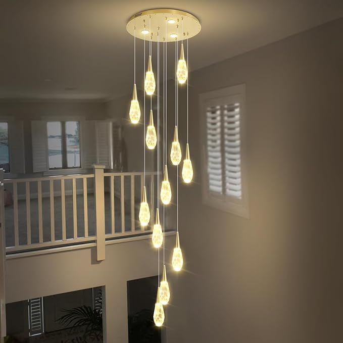 H118 Chandeliers for High Ceiling Gold Modern Crystal Pendant Light 12-Lights Crystal Raindrop Chandelier for Living Room Staircase Villa