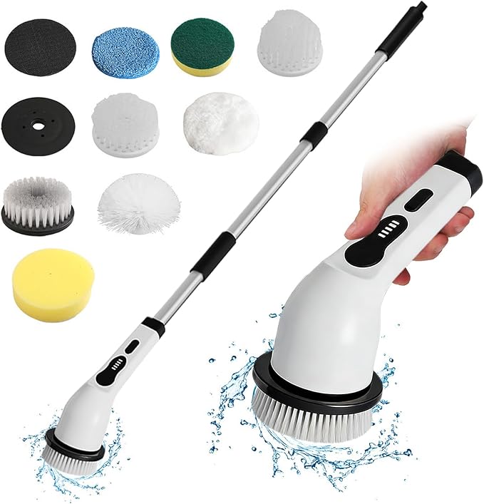Electric Cleaning Brush, with Powerful Stain Removal, 124x14x9cm, Cordless Scrub Brush, Rechargeable Scrubber, Adjustable Handle, for Bathroom, Kitchen, Car, Shower, Floor, Tile, Tub, Wall, Toilet