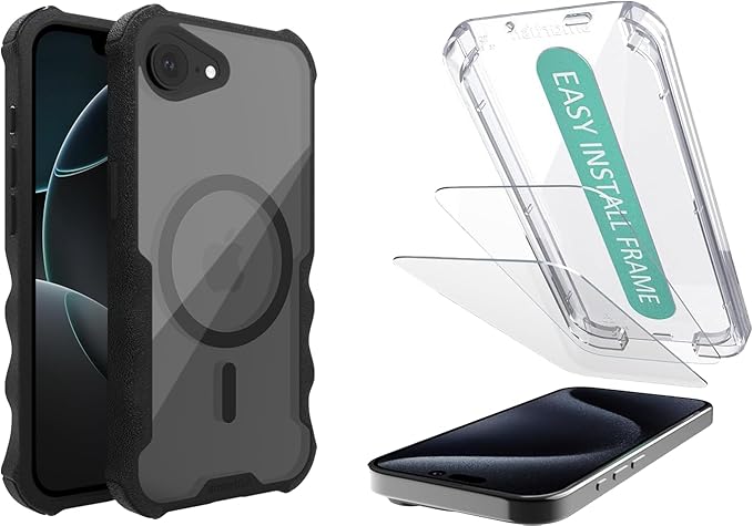 Smartish iPhone 17e/16 MagSafe Case + 2-Pack Tempered Glass Screen Protector Bundle - Gripzilla + Tuff Sheet - Protective Magnetic Case with Screen Protection - Clearly Black