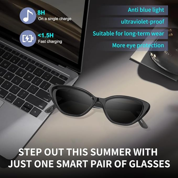 Smart Audio Cat Eye Glasses, Noise Cancelling Hidden Mic, Wireless Connectivity, Hands-Free Calling