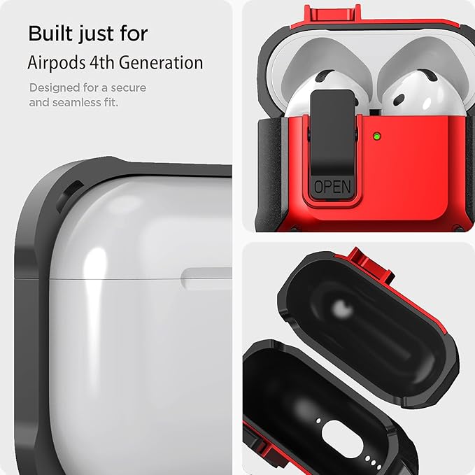 for Airpods 4 Case with Lock Clid, Rugged Apple Airpods 4th Generation Cover 2024 Men Women, Armor Shockproof iPod 4 Gen Protective Hard Shell with Carabiner&Cleaner kit, Black/Red