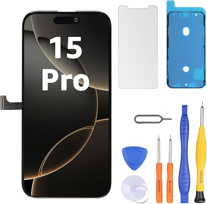 LL TRADER Screen Replacement for iPhone 15 Pro 6.1" LCD Retina FHD Display COF Touch Screen Digitizer with Repair Tool Kits, Waterproof Tape, Screen Protector (Truetone programable)