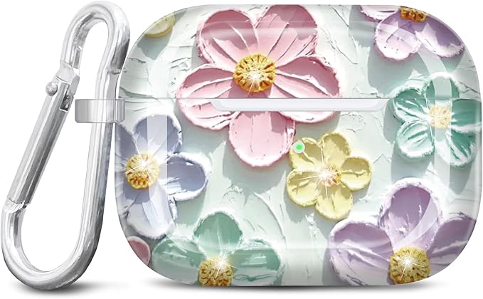 JIAXIUFEN Design for AirPods Pro 2 Gen 1 Gen Case Cover Retro Oil Painting Printed Flower Protective TPU Skin Accessories for Women Girl with Keychain, Mint Colorful