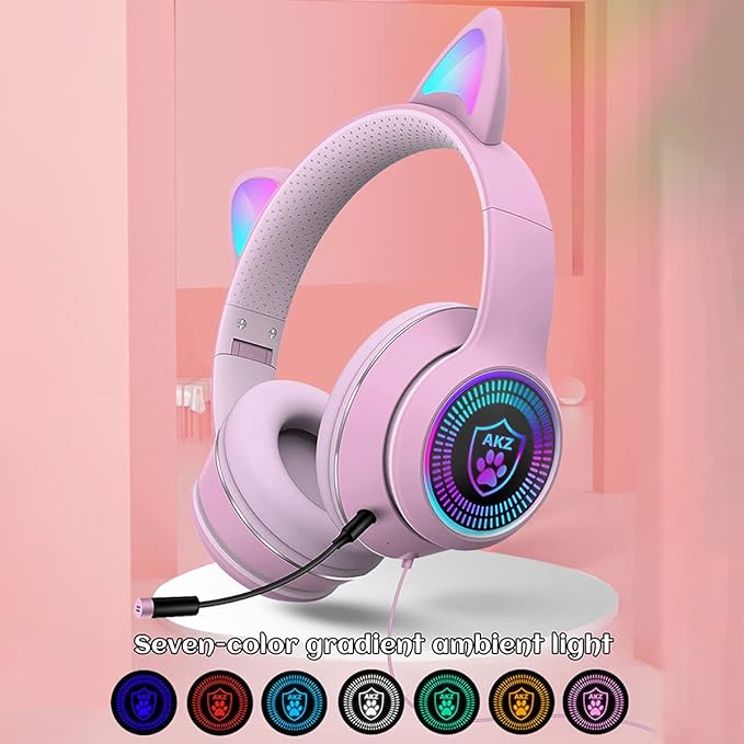 Cat Ear Gaming Headset with Mic RGB LED Light, Flashing Glowing Stereo Headphones, 7.1 Stereo Sound Surround Over-Ear Headset for PC, PS4, PS5, Nintendo Switch,Mobile(Pink)