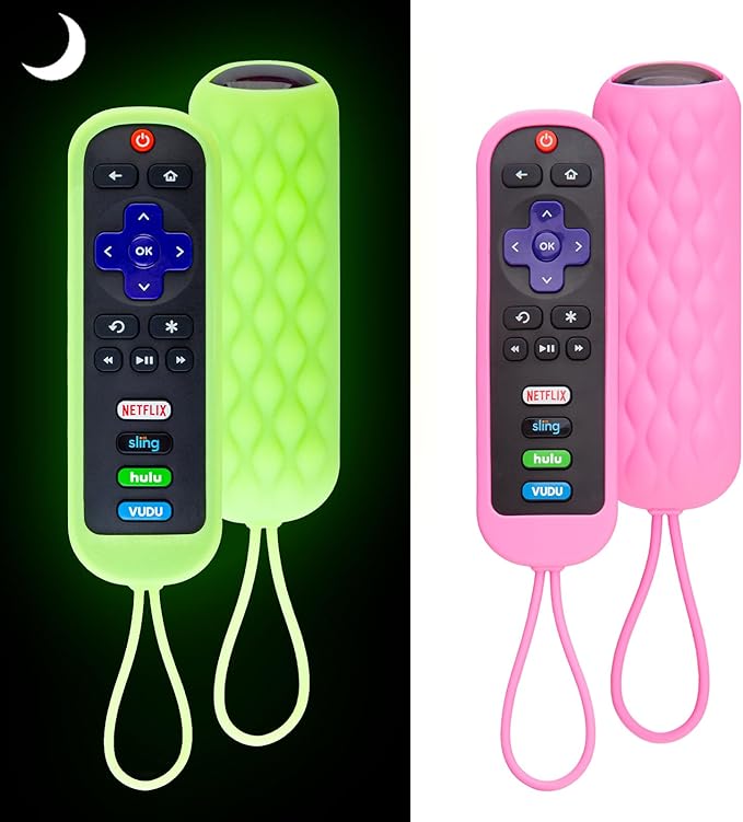 2 Pack Roku Remote Cover - Silicone Protective Case for Roku TV TCL - Anti Slip Remote Sleeve Glow in The Dark (Glow Green + Pink)