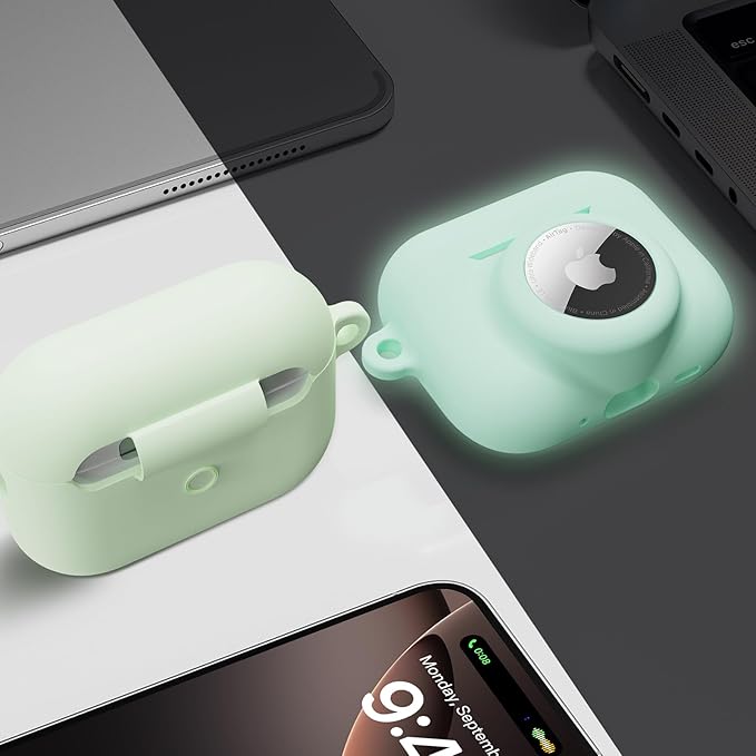 2 in 1 Silicone Case Compatible with AirPods Pro 3 and AirTag 2/1, Shockproof Protective Case Cover for AirPods Pro 3rd Generation 2025 with Cleaner Kit & Carabiner (Glow Green)