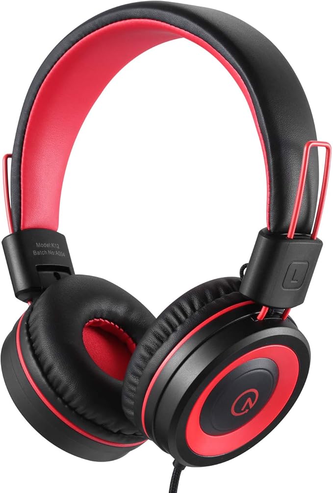 noot products Kids Headphones with Microphone K12 Stereo 5ft Long Cord with 85dB/94dB Volume Limit Wired On-Ear Headset for iPad/Amazon Kindle,Fire/Toddler/Boys/Girls/School (Red Black)