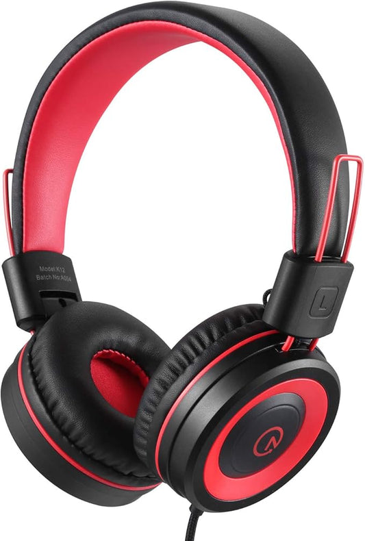 noot products Kids Headphones with Microphone K12 Stereo 5ft Long Cord with 85dB/94dB Volume Limit Wired On-Ear Headset for iPad/Amazon Kindle,Fire/Toddler/Boys/Girls/School (Red Black)