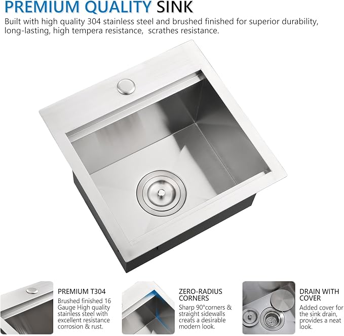 Stainless Steel Drop-In Bar Sink 15x15 Inches Single Bowl Small Workstation Kitchen Sink, Doirteal Top Mount 15 Inch Bar Sinks Outdoor Wet Bar Prep Sinks With Accessories