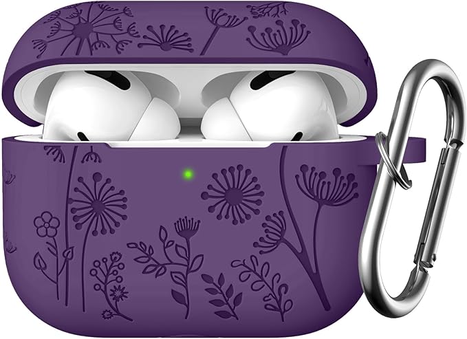 Lerobo Flower Engraved Case for Airpod Pro/Airpod Pro 2, Cute Silicone Skin Full Protective Cover Compatible with Apple Airpods Pro 2nd/1st Generation with Keychain Purple