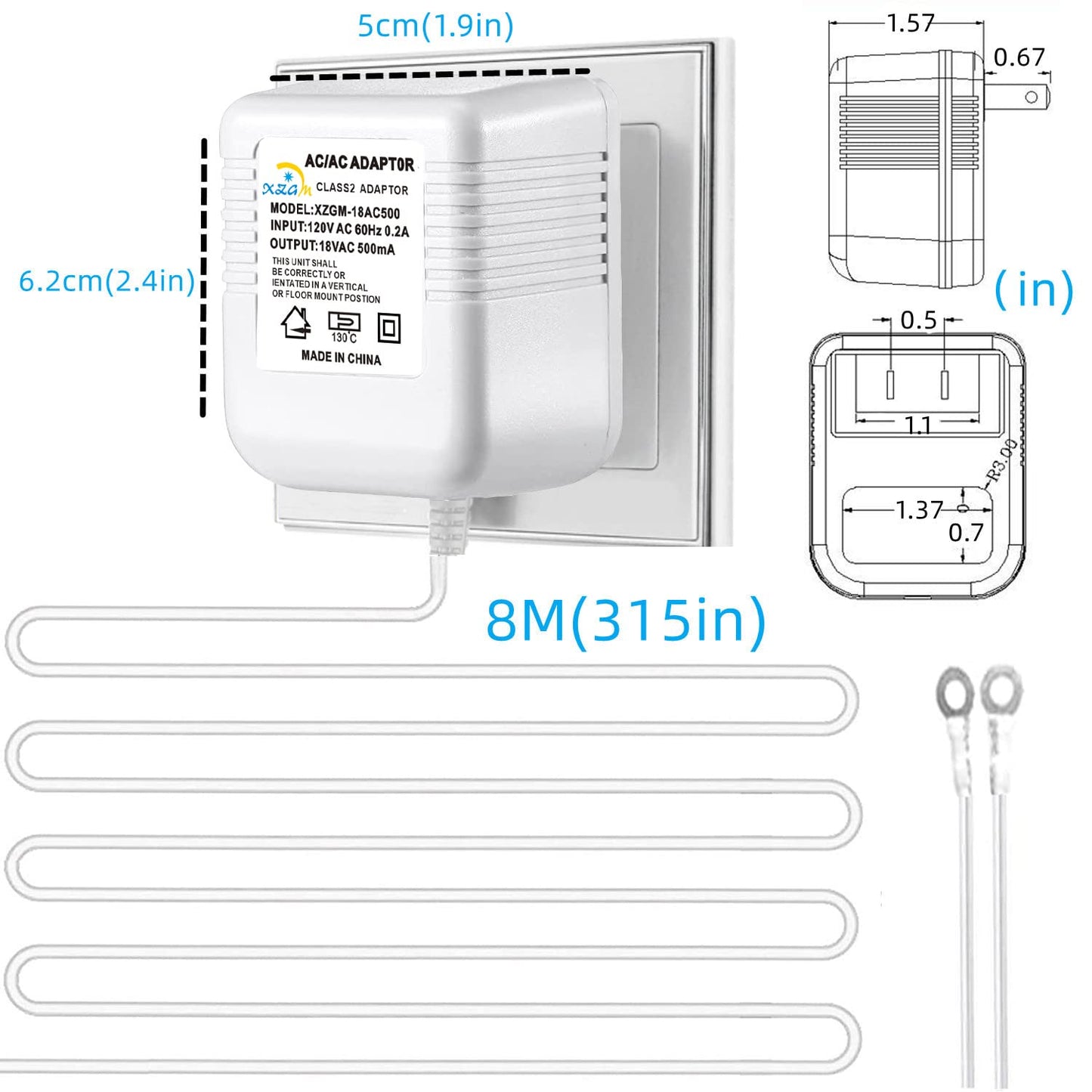 Video doorbell Special Power Transformer, 18V500MA Ring doorbell Power Adapter, Compatible with Ring, Nest, Eufy, Wyze, Arlo Wireless Video doorbell (with 315in Cable White)