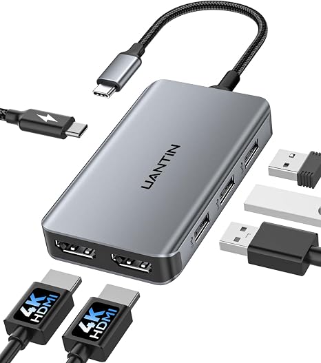 UANTIN 6-in-1 USB C Hub, Type C to Dual HDMI Adapter 4K@60Hz
