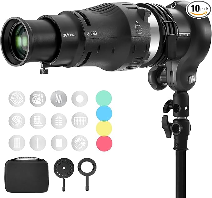 WELLMAKING Profoto Mount Optical Snoot Conical S-290 Kit. Adjustable Focus, 36° Lens, Aperture Modifier, 4 Color Filters, and 12 Gobos; for Photography, LED and Strobe Light, Studio Video Artist