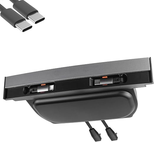 Center Console USB Hub Charger for Tesla Model Y 2021-2024 & Model 3 2021-2023 Accessories,Fast Charging Hub with Waterproof Sliding Cover Retractable Cables (2*Type-C)