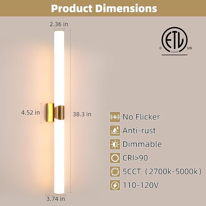 Modern Wall Sconce 39 Ihch Gold Bathroom Sconces LED Wall Lighting Fixtures with Acrylic Shade Hardwired Long Vanity Lights Over Mirror for Bedroom Living Room Hallway