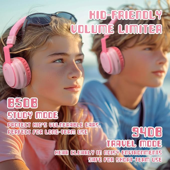 Kids Headphones Bluetooth 5.3 Wireless Lightweight Fast Charging 68 Hours Play Time Volume Limited 85/94dB Over Ear Foldable with Built-in Mic for Toddler Boy Girl Tablet Pad Pink