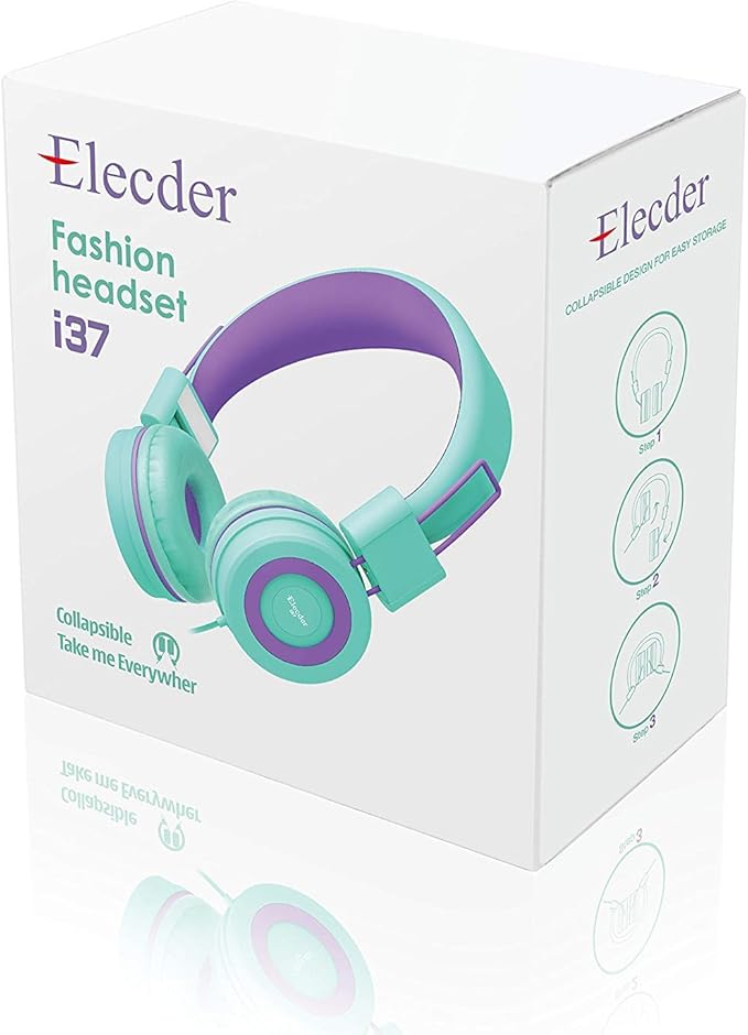 ELECDER i37 Kids Headphones Children Girls Boys Teens Foldable Adjustable On Ear Headphones 3.5mm Jack Compatible Cellphones Computer MP3/4 Kindle School Tablet Green/Purple