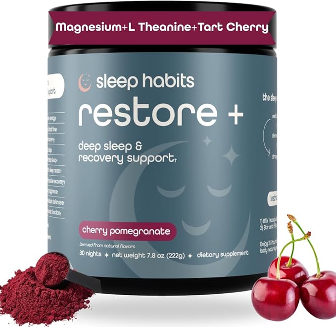 SleepHabits Restore | Magnesium Glycinate Powder Natural Sleep Aid with L-Theanine, Tart Cherry, Beet Root, | Calm Melatonin-Free Deep Sleep Supplement Drink for Recovery & Clear Mornings, 30 Nights