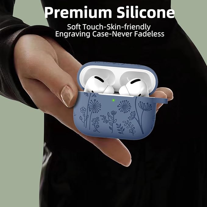 Lerobo Compatible with Apple Airpods Pro 2nd 1st Generation Case Cute Flower Engraved Cover Soft Silicone Skin Cover Full Protective Case for AirPod Pro/Pro 2 Case USB C, Front LED Visible, Blue Gray