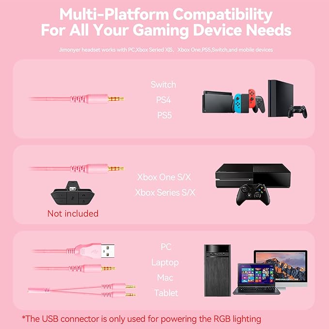 Gaming Headset for PC/PS4/PS5/Xbox One/Switch, Stereo Surround Sound Gaming Headphones with Noise Canceling Flexible Mic, Computer Headset with 3.5mm Jack & RGB Light (PinkCat)