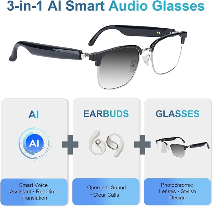 AI Smart Glasses, Bluetooth Audio Glasses with Real-Time Translator for 164 Languages, No subscription for APP, Photochromic Lens, Spring Hinges, Bluetooth Glasses for Travel/Work/Study(Gold)