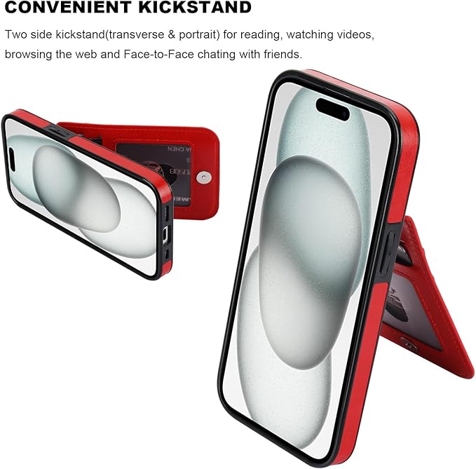 KIHUWEY Compatible with iPhone 15 Case Wallet with Credit Card Holder, Flip Premium Leather Magnetic Clasp Kickstand Heavy Duty Protective Cover for iPhone 15 6.1 Inch (Red)